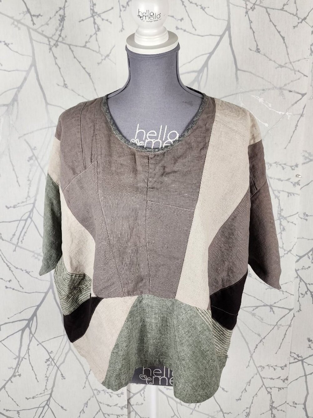 Artsy Neutral Earth Tone Linen Patchwork Loose Top